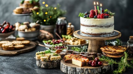 Festive Dessert Table with Assorted Cakes, Cookies, and Fresh Fruits Surrounded by Holiday Decor and Greenery