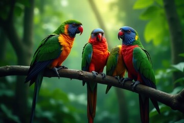 Three parrots on a thick vine, dense rainforest background, feathers, biodiversity, birds