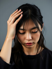 Composite image of concentrated asian woman with hand on head