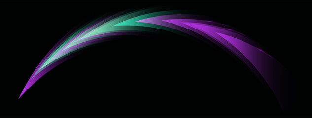 Green and purple arc arrow on black background, Banner Copy space with glowing triangles. Turquoise comet trail. Bright Abstract backdrop. 
 rainbow wave