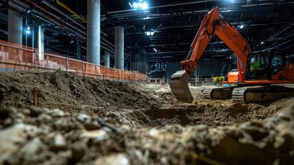 Excavator digging in an underground construction site with illuminated surroundings and equipment