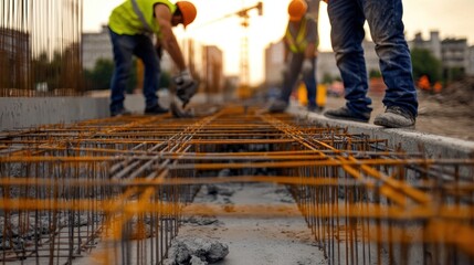 Construction workers pouring concrete and setting rebar during sunset in an urban area