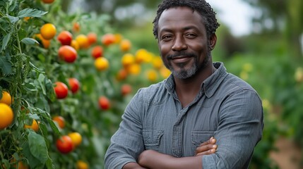 Man Smiling in Tomato Garden with Vibrant Produce