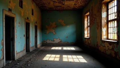 Obraz premium Rust-eaten bars, chipped paint, shadows Old jail cell, forgotten history , architecture, prison cell