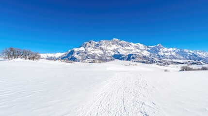 Obraz premium Snow-covered alpine field leads towards majestic snow-capped mountains under a clear blue sky on a bright winter day.
