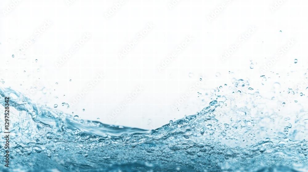 Poster rippling water creates an elegant display as droplets dance in mid air against a bright background. 