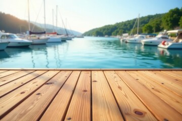 Fototapeta premium Serene Wooden Dock Overlooking a Calm Bay with Docked Sailboats on a Sunny Day