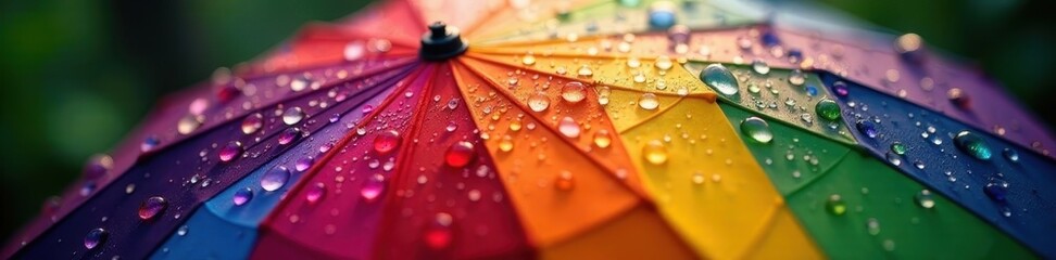 Rain drops on vibrant rainbow umbrella, close-up, drizzle, closeup, sky