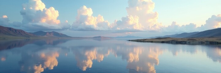 Fototapeta premium Shallow lake on flatlands, cloudscape reflected, tranquil scene , horizon, space, light