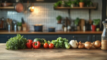 Freshly picked vegetables arranged on a rustic wooden countertop, warm atmosphere generative ai