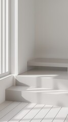 Minimalist White Room Interior with Sunlight and Stairs
