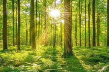 Forest Sunlight Through Trees Lush Greenery And Sunlight Filtering Through Foliage And Trees