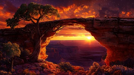 Fototapeta premium Sunset Over Canyon Arch with Silhouette Tree