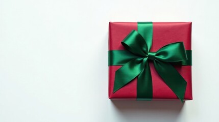 A crimson gift box elegantly adorned with a verdant satin ribbon, presented against a stark white backdrop