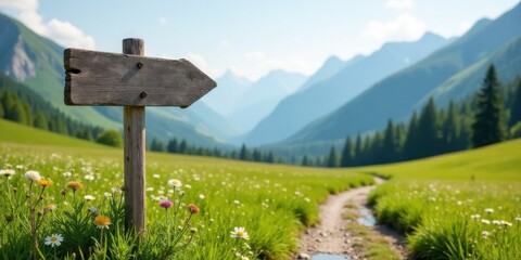 Rustic wooden directional signpost in a vibrant meadow with a mountain backdrop, indicating a path to an unknown destination