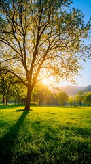Fototapeta premium Sunset Over Green Field with Large Tree