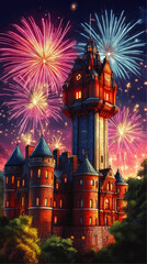 Majestic Medieval Castle Under Vibrant Fireworks Display in Night Sky - Enchanting Fairytale Scene with Illuminated Architecture and Colorful Celebration
