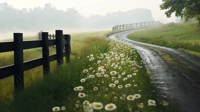 A winding country road flanked by wildflowers and black fences leading to the misty horizon, symbolizing peace of mind and harmony with nature, generative AI