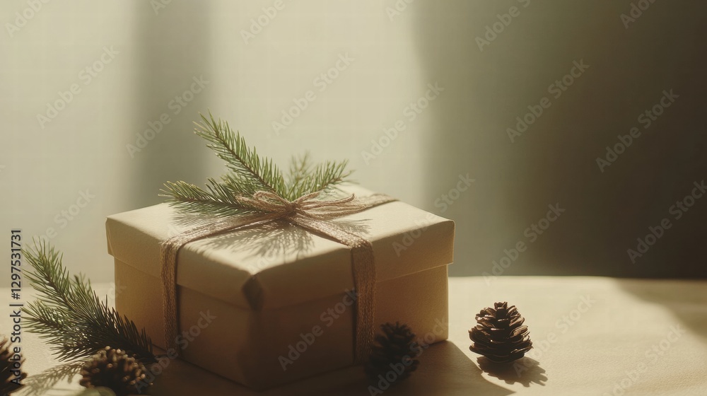 Poster gift box decorated with greenery and pine cones in soft natural light during winter. generative ai