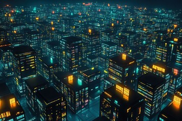 Futuristic Cityscape Teal Orange Yellow Lights Geometric Structures 2077 Night View