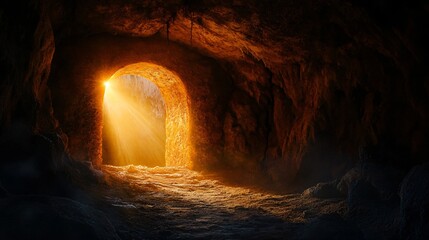 Sunbeams Illuminating the Entrance of a Mysterious Cave