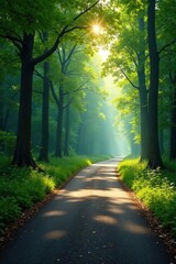 Fototapeta premium Sun-dappled forest road curves gently through lush green canopy , fall, tree tunnel