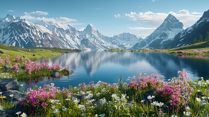 Serene Alpine Lake Surrounded by Blooming Wildflowers and Snow Capped Mountains