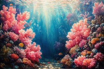 Naklejka premium Vibrant Underwater Coral Reef with Colorful Tropical Fish and School of Marine Life in Thailand