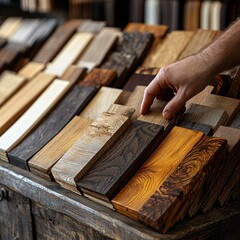 Hand Selecting Wood Samples for Interior Design and Furniture Finishing with Laminated Materials and Swatches