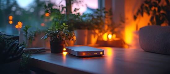 Cozy Modern Wifi Router in Scandinavian Living Room with Greenery