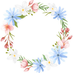 Fototapeta premium A delicate watercolor floral wreath featuring blue and pink flowers, perfect for elegant wedding decor