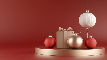 Elegant Christmas Gift Display with Ornaments and Lantern