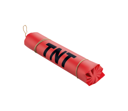 Red Cylindrical TNT Dynamite Stick with Black Letters and Rope Binding Showing Classic Explosive Design Isolated on Transparent and White Background