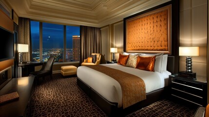 Luxurious hotel room with modern decor, panoramic city view, plush bedding, and elegant lighting in evening ambiance