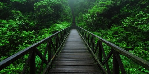 A wooden bridge stretches through a lush, green forest, enveloped in mist, inviting exploration and tranquility.