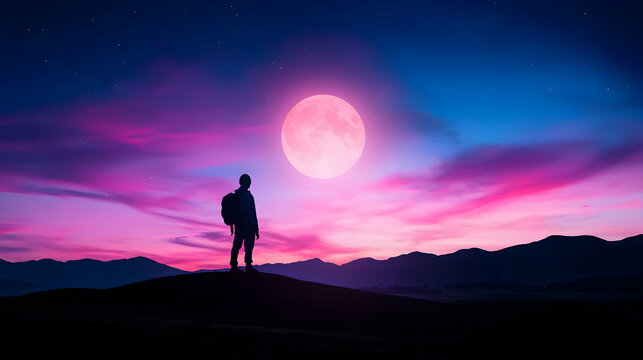 Silhouette of Traveler at Sunset with Pink Moon and Pixelated Sky