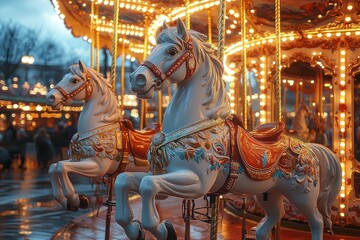 Elegant Vintage Carousel with Ornate Horses and Glowing Lights in Festive Christmas Atmosphere