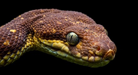 Obraz premium Close-up of a brown and yellow snake head with detailed scales, wildlife photography, dark background