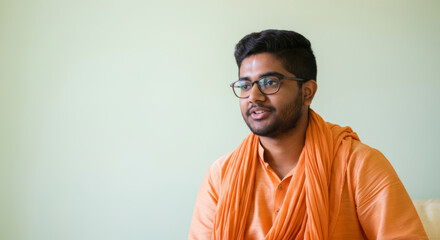 Fototapeta premium Young adult asian male in traditional orange attire with glasses against green background