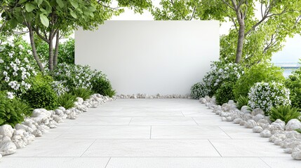 White wall mockup in lush garden, seaside view, advertisement