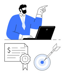 Businessman working on laptop while pointing upward, certificate with a seal, and target with dart in bullseye. Ideal for business, success, achievement, professional development, goal setting