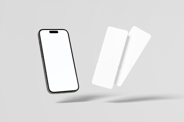 Smart phone and ticket mockup, vector illustration of a blank white label with arrow