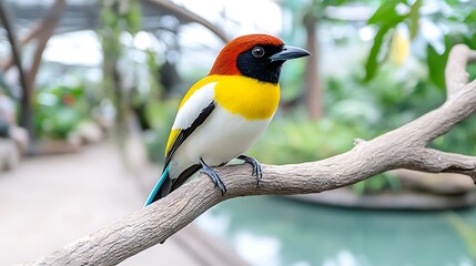Naklejka premium Vibrant Tropical Bird Perched on Branch Exotic Avian Wildlife Colorful Feathers