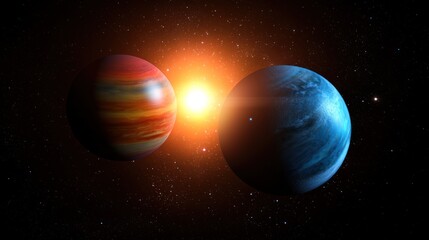 Two colorful planets orbiting a bright sun in a vast cosmic space, showcasing celestial beauty