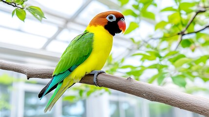 Naklejka premium Vibrant Yellow Green Parrot Perched on Branch in Lush Green Foliage