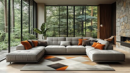 Modern Living Room Interior Design with Gray Sectional Sofa and Geometric Rug