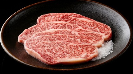 Premium Wagyu Beef Slices on Black Plate with Sea Salt for Gourmet Cooking and Culinary Presentation