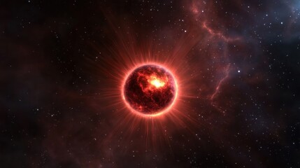 Obraz premium A vibrant cosmic scene depicting a fiery red star surrounded by swirling nebulae in space
