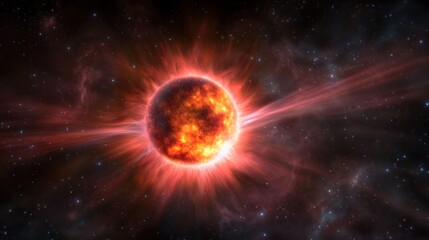 Fototapeta premium A vibrant red star emitting solar flares in a cosmic space background with swirling gases