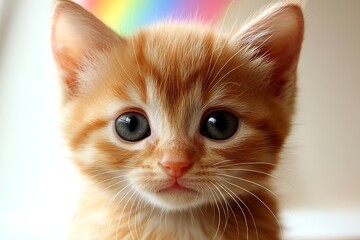 Close-up kitten portrait with rainbow in background